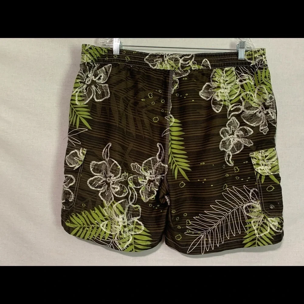 Caribbean Joe Men's Swim Trunks Size XL Black Green Tropical Lined Swim Swimwear